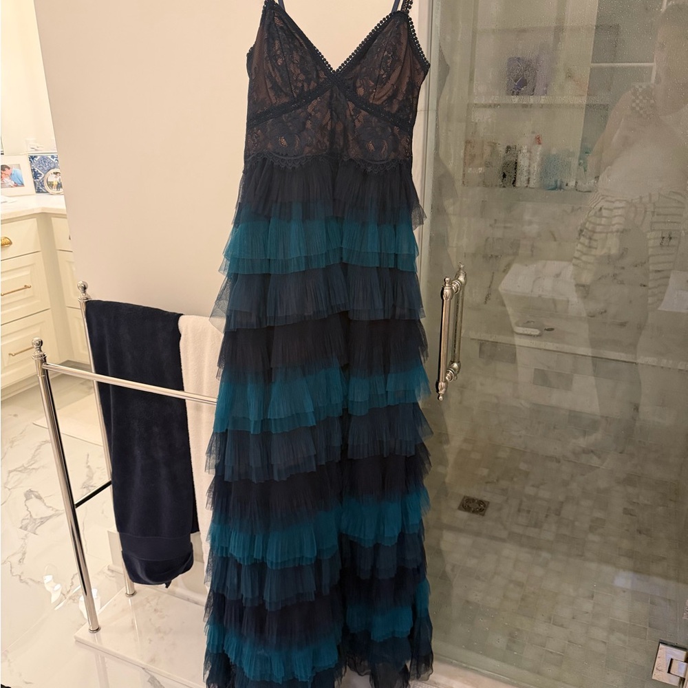 Marchesa Notte Tiered Navy and Teal Lace-Top gown